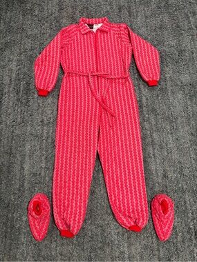 VTG 70s Wiman Quilted Loungewear Jumpsuit Onesie & Booties Set Red Folk Stripe L